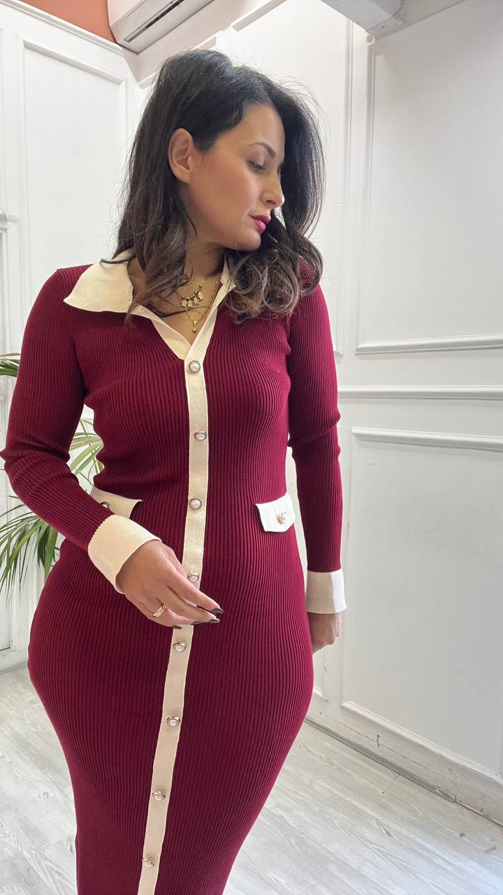 Vestito Bordeaux Con Bottoni Oro