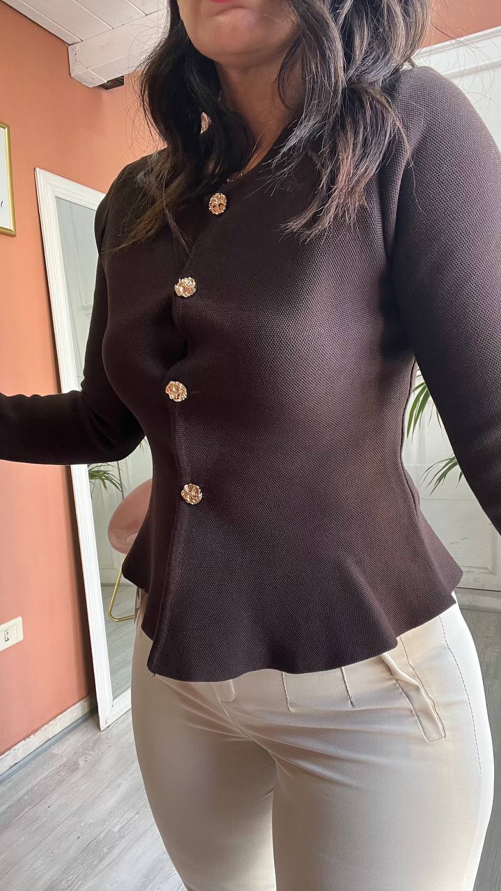Cardigan Marrone Con Bottoni Oro