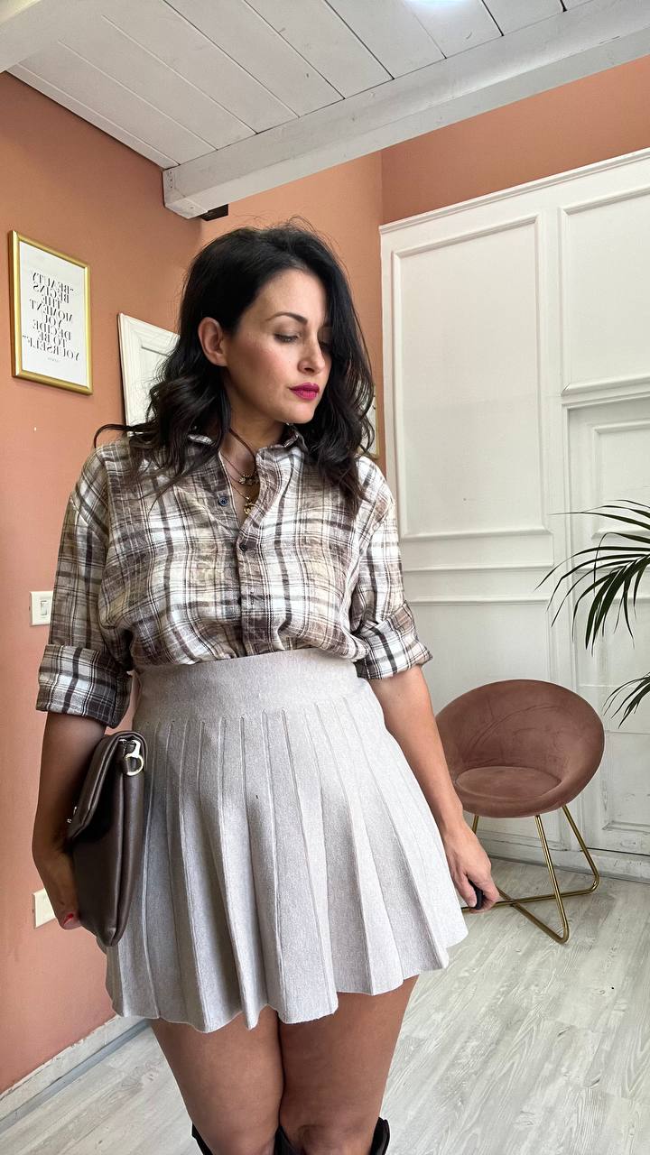Camicia A Quadri Beige