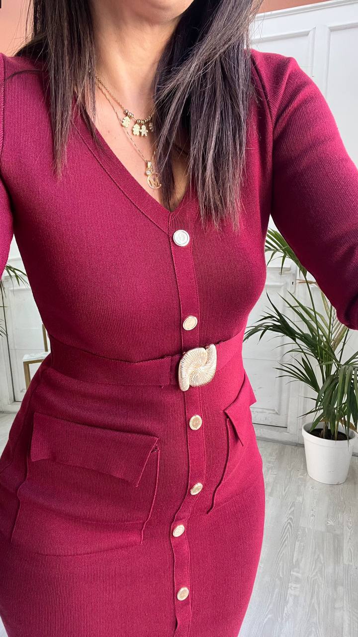 Abito Bordeaux Con Bottoni Oro