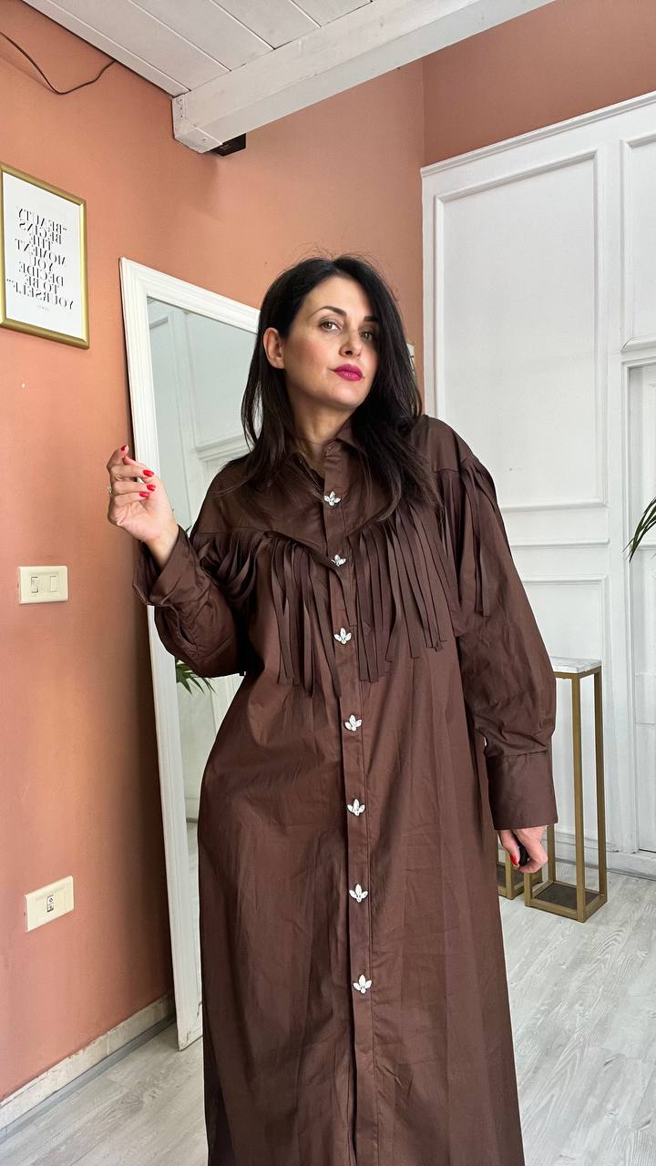 Vestito A Camicione Con Frange Marrone