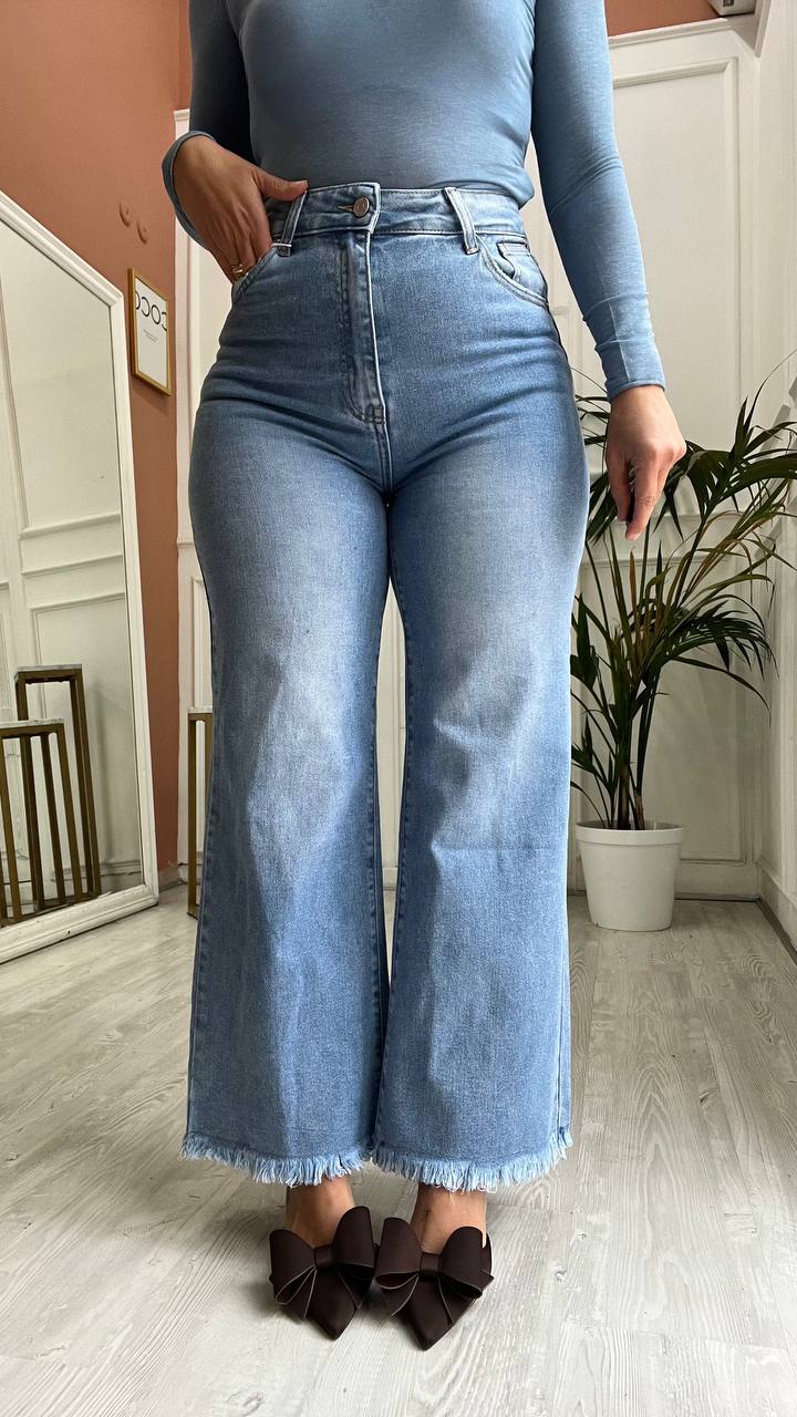 Jeans Sfrangiato Wide Leg Lavaggio Chiaro
