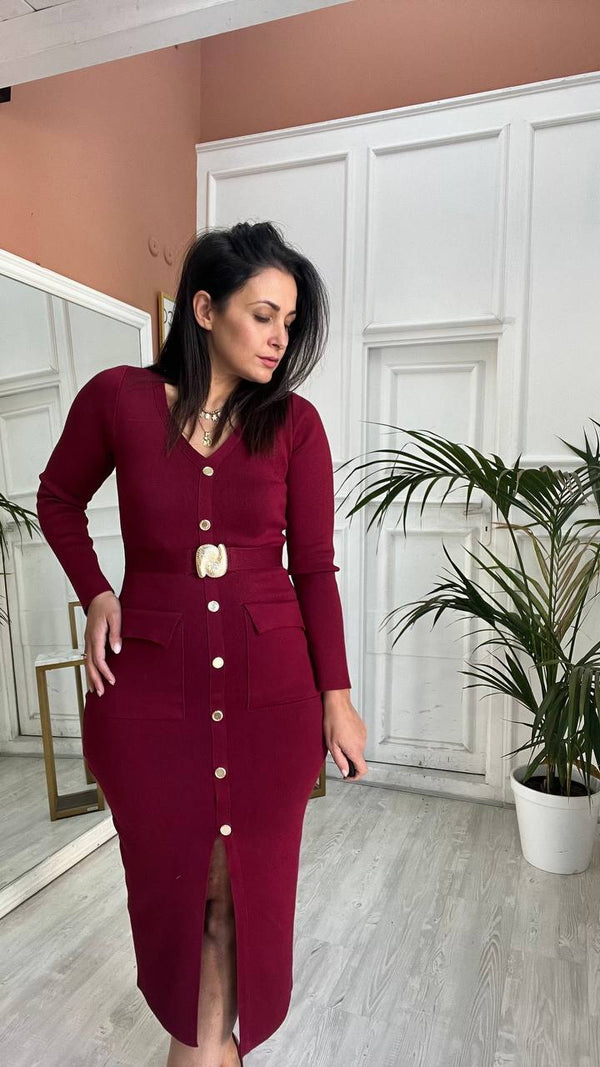 Abito Bordeaux Con Bottoni Oro