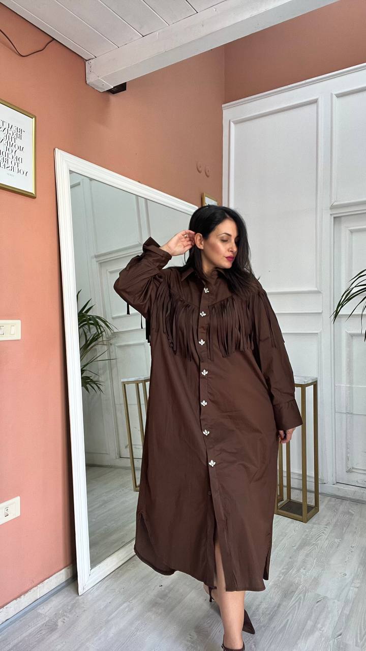 Vestito A Camicione Con Frange Marrone