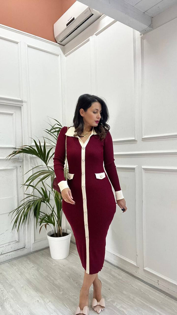 Vestito Bordeaux Con Bottoni Oro