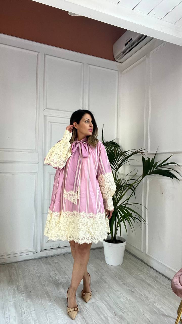 Abito/Camicione Rosa&Beige Con Fiocco