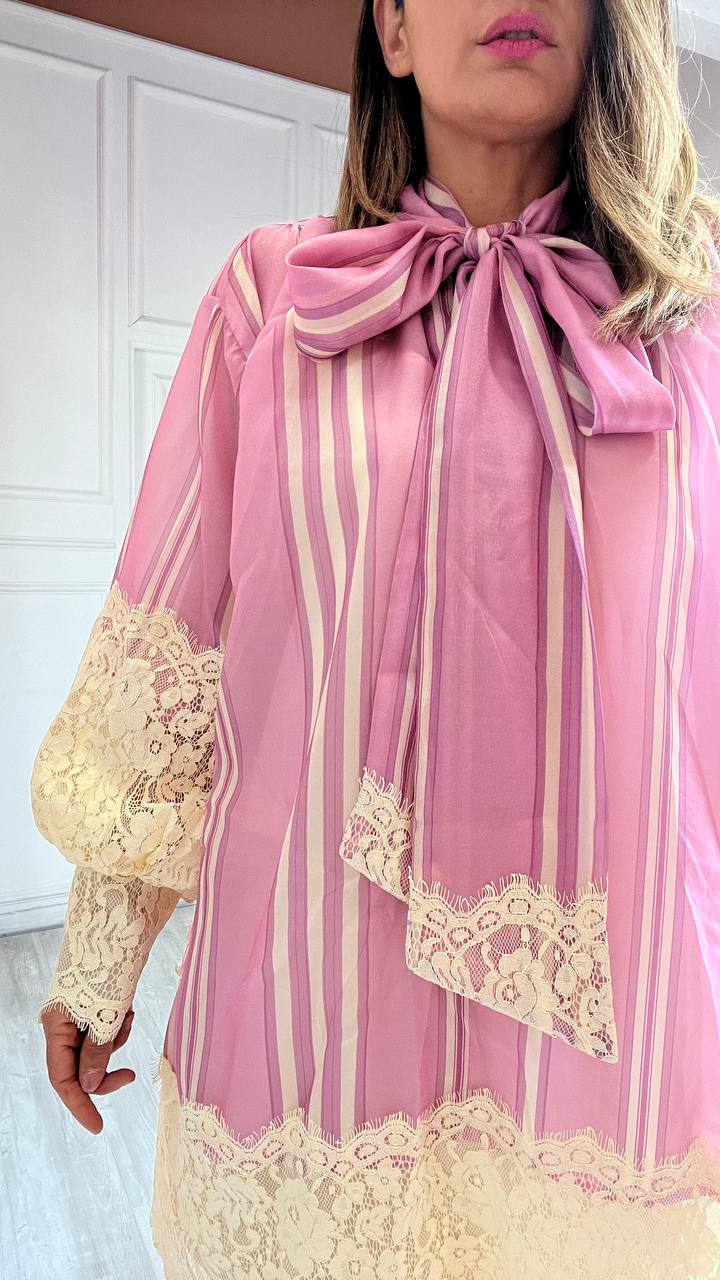 Abito/Camicione Rosa&Beige Con Fiocco