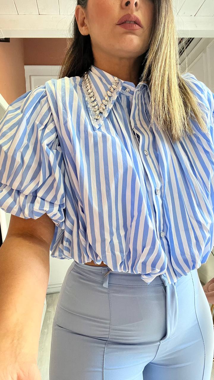 Camicia Crop A Righe Celeste