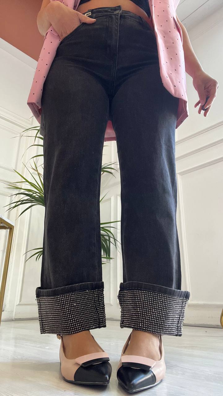 Jeans Con Piegone Brillantinato