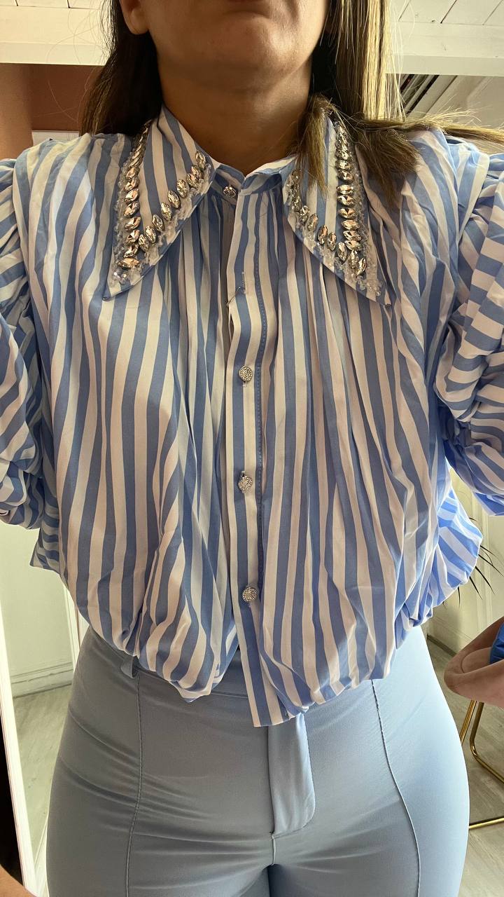 Camicia Crop A Righe Celeste