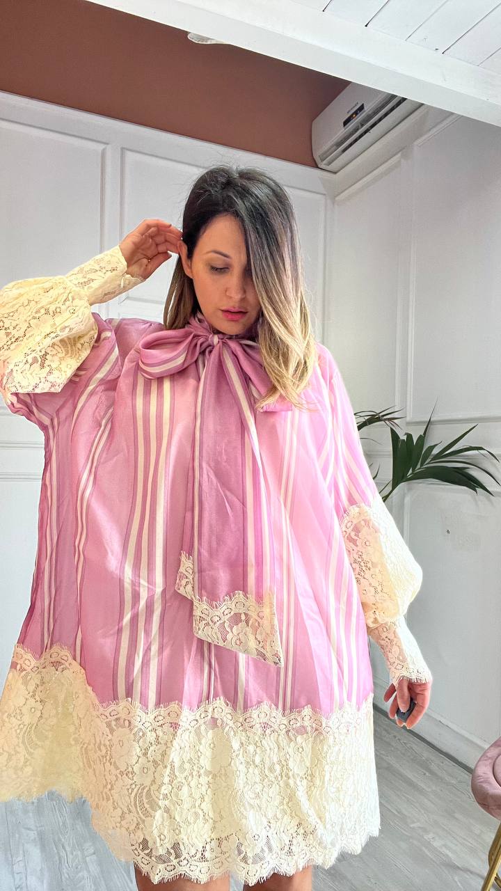 Abito/Camicione Rosa&Beige Con Fiocco