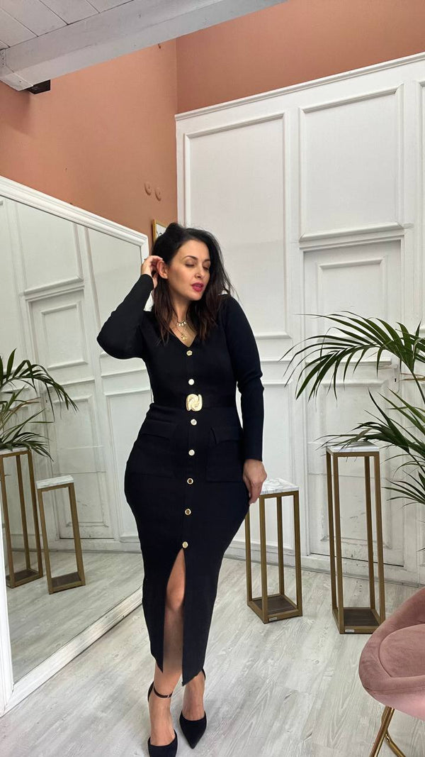 Vestito Nero Con Bottoni Oro